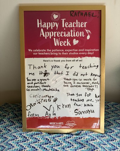 A Teacher Appreciation Week card signed by Raphael Klayman's students